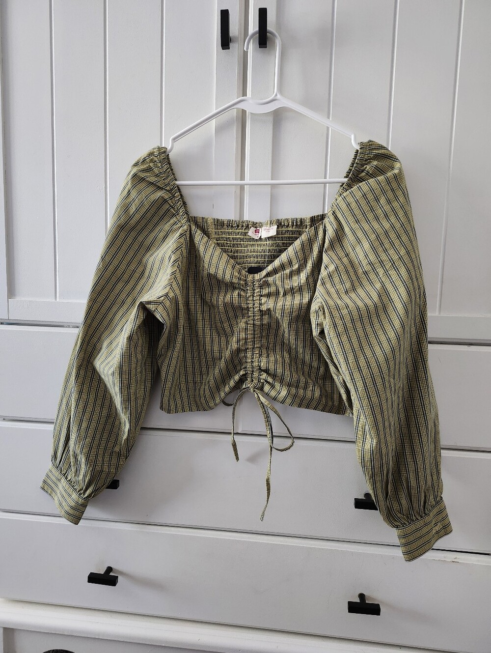 LEVIS Striped Olive Green Puff Sleeve Cropped Top M